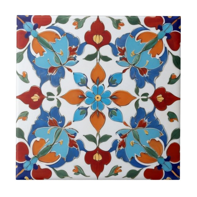 Azulejo Flor turca Iznik Naranja roja Flor blanca azul (Frente)