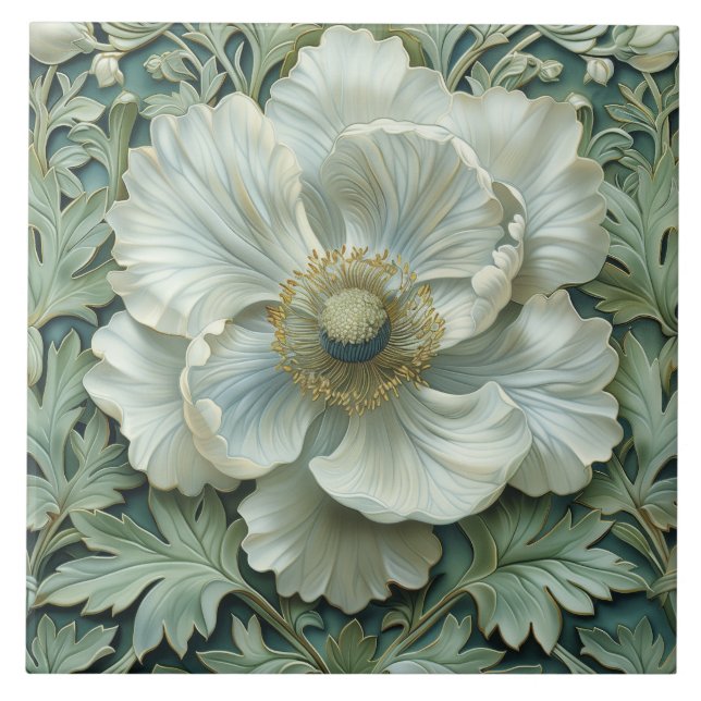 Azulejo Flor verde de sabio blanco Art Nouveau (Frente)