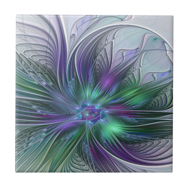 Azulejo Flor verde morada Moderna Resumen arte fractal (Frente)