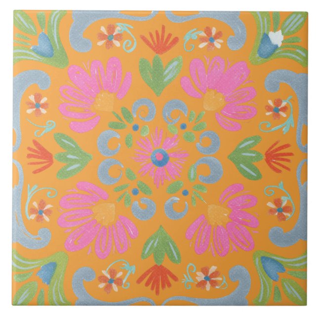 Azulejo Flor Vibrante Detallada Intrincada (Frente)