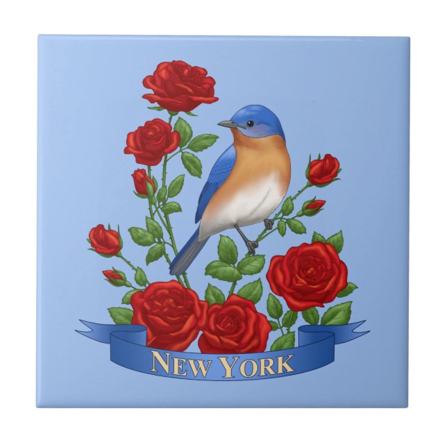 Azulejo Flor y pájaro del estado de Nueva York - Rosa Azul (Frente)