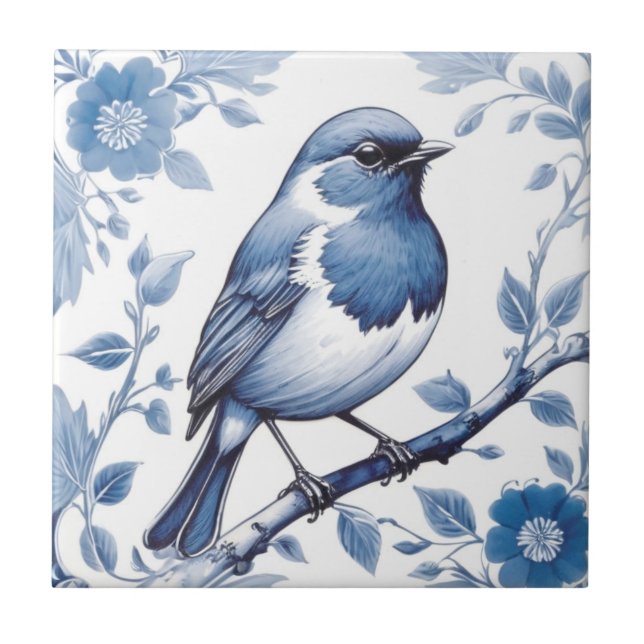 Azulejo Flora azul y blanca de Robin Bird europea (Frente)