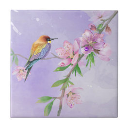 Azulejo Flora morada y fauna acuarela botánica