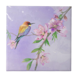 Azulejo Flora morada y fauna acuarela botánica