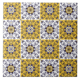 Azulejo Floral Amarillo y Azul Mediterráneo