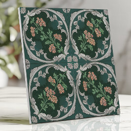 Azulejo Floral Antiguo con Rollo Verde Teal Gris