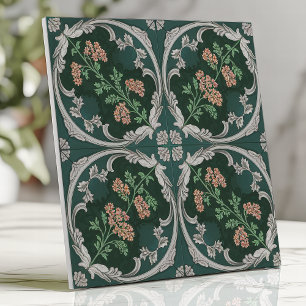 Azulejo Floral Antiguo con Rollo Verde Teal Gris