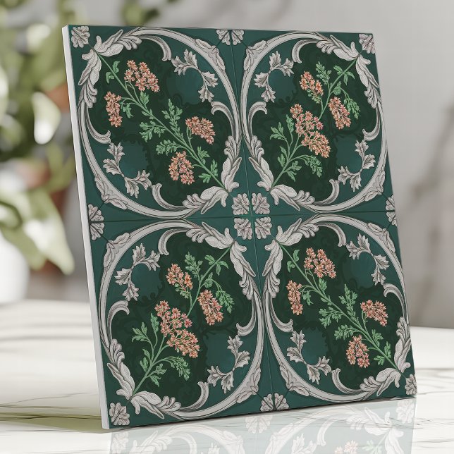 Azulejo Floral Antiguo con Rollo Verde Teal Gris (Subido por el creador)