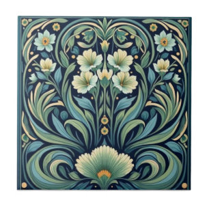 Azulejo Floral Art Nouveau Azul y Verde Vintage