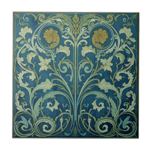Azulejo Floral Art Nouveau Azul y Verde Vintage