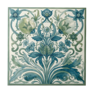 Azulejo Floral Art Nouveau Azul y Verde Vintage