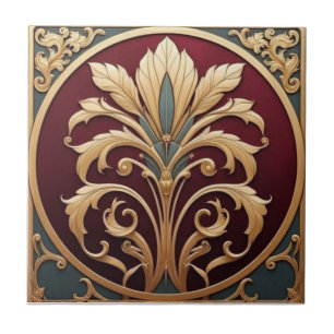 Azulejo Floral Art Nouveau vintage en burgundy y dorado