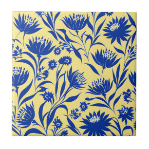 Azulejo Floral Azul De Cornflower Moderna Sobre Amarillo