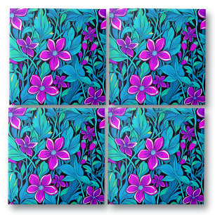 Azulejo Floral azul morado y Verde azulado de bonito