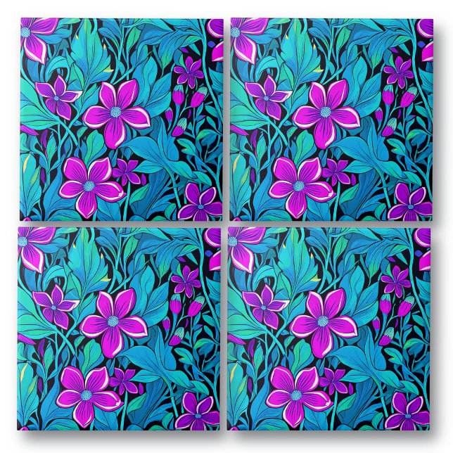 Azulejo Floral azul morado y Verde azulado de bonito (Subido por el creador)