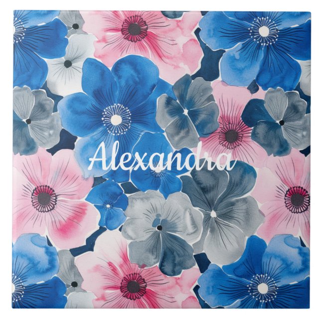 Azulejo Floral azul rosa de moda (Frente)