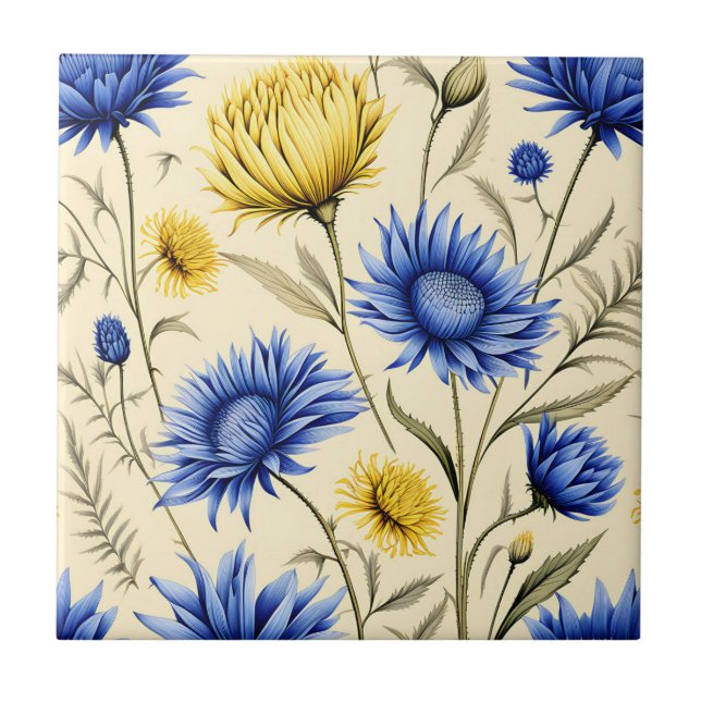 Azulejo Floral azul y amarillo elegante (Frente)