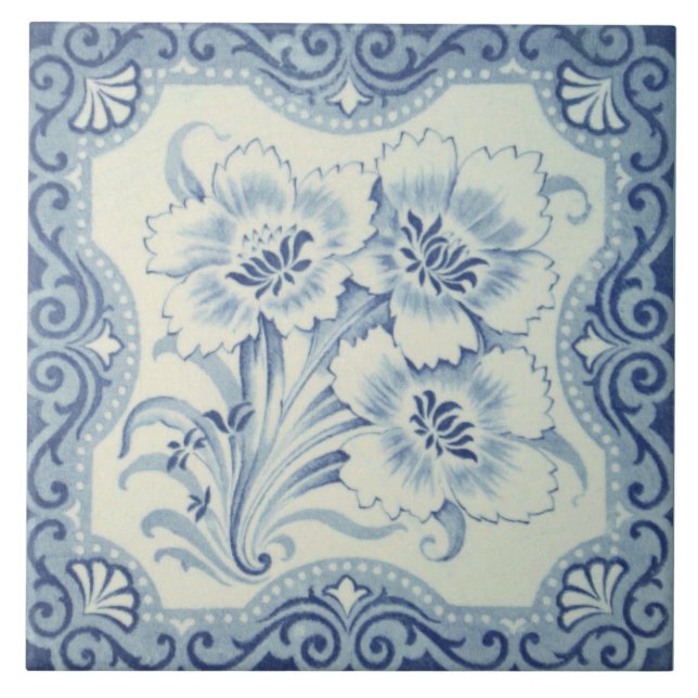 Azulejo Floral azul y blanca victoriana mallica antigüedad (Frente)