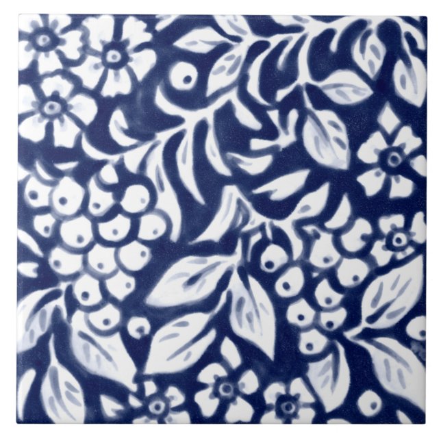 Azulejo Floral blanca azul marina Berry Berries Leaf Cobal (Frente)