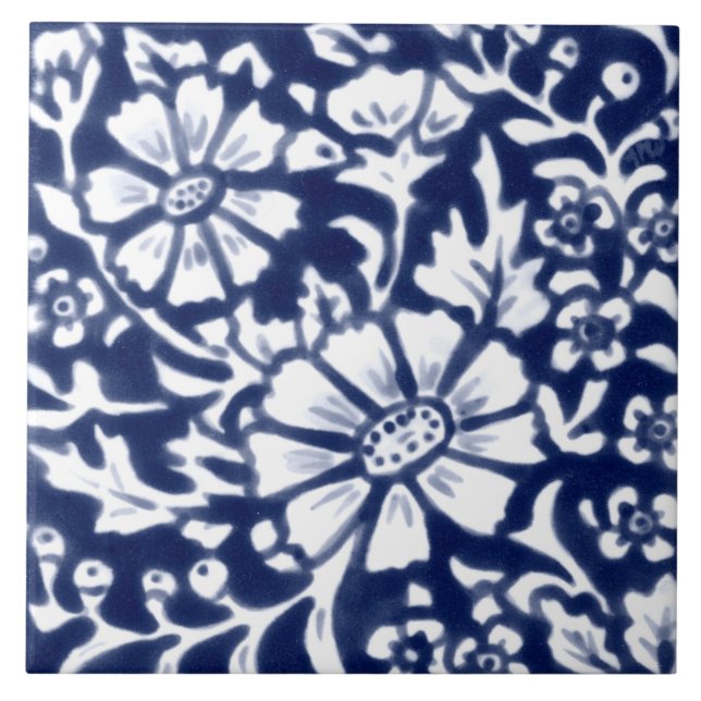 Azulejo Floral blanca azul marino Daisy Leaf Chinoiserie (Frente)