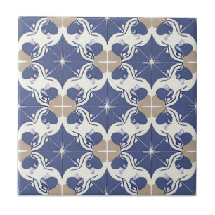 Azulejo Floral blanca, beige y azul oscuro