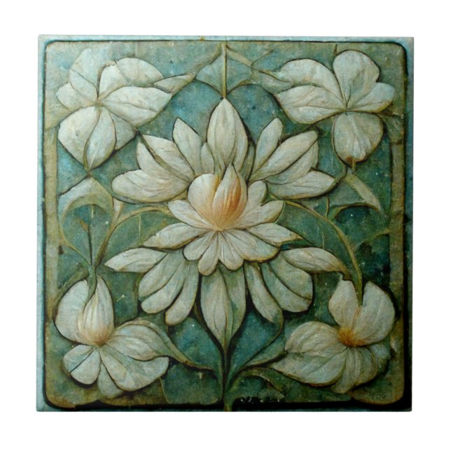 Azulejo Floral blanca francesa de estilo Art Nouveau, arte (Frente)