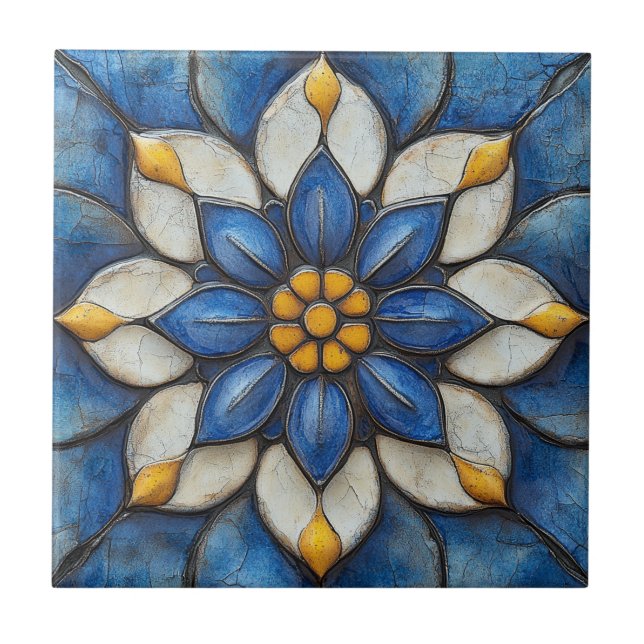 Azulejo floral Blanco azul y amarillo (Frente)