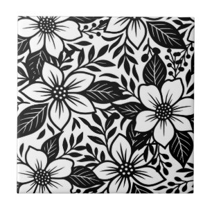 Azulejo Floral Bloom Moderno en Negro y Blanco Intenso
