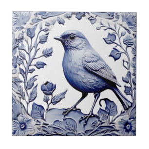 Azulejo Floral botánica de pájaro azul y blanco delft