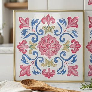 Azulejo Floral Botánico Rosa Azul Verde