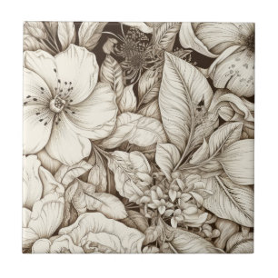 Azulejo Floral Botánico Sepia País Francés Crema