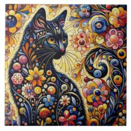 Azulejo Floral brillante negro gato Kitty amarillo azul