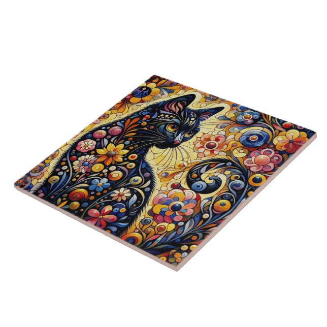 Azulejo Floral brillante negro gato Kitty amarillo azul (Lado)