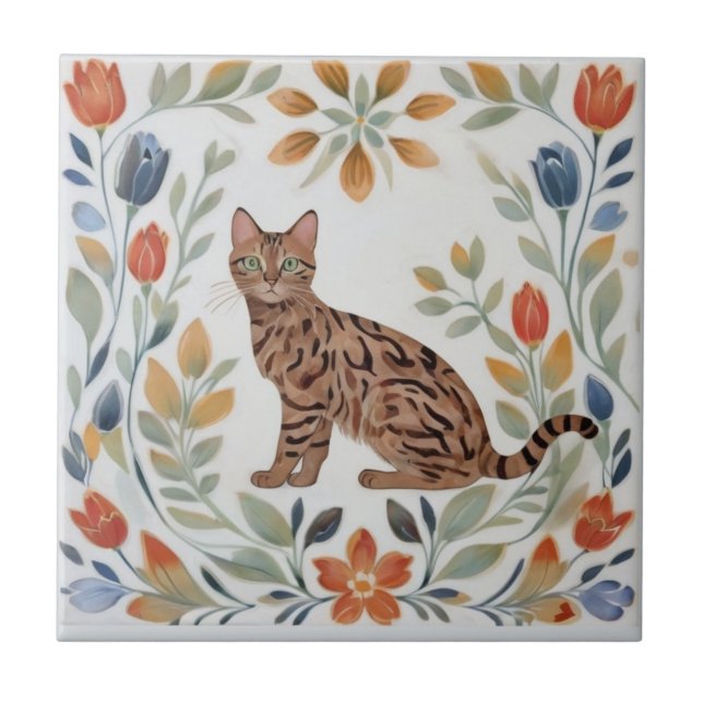 Azulejo Floral Cats - Bengal Cat Colorful Folk Flowers (Frente)