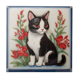 Azulejo Floral Cats - Black and White Cat & Red Flowers