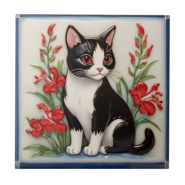 Azulejo Floral Cats - Black and White Cat & Red Flowers (Frente)