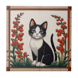 Azulejo Floral Cats - Black & White Cat Red Flower Garden