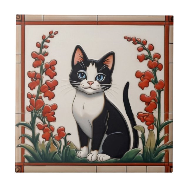 Azulejo Floral Cats - Black & White Cat Red Flower Garden (Frente)