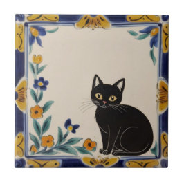 Azulejo Floral Cats - Cute Black Cat & Orange Flowers