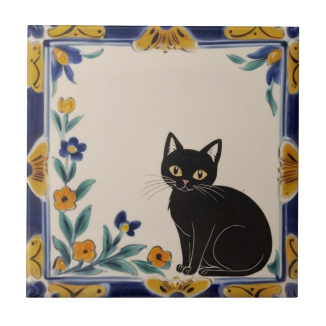 Azulejo Floral Cats - Cute Black Cat & Orange Flowers (Frente)