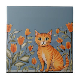 Azulejo Floral Cats - Ginger Cat & Orange Flowers Cartoon