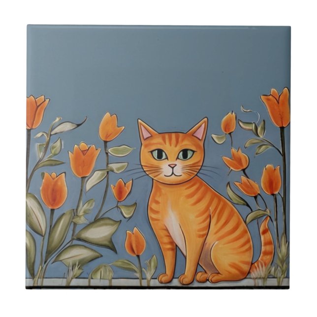 Azulejo Floral Cats - Ginger Cat & Orange Flowers Cartoon (Frente)