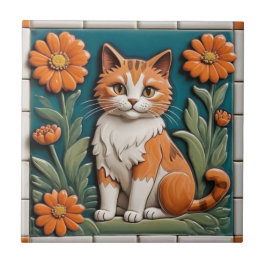 Azulejo Floral Cats - Ginger Cat & Orange Flowers Garden