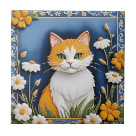Azulejo Floral Cats - Ginger Cat Orange White Flowers Blue