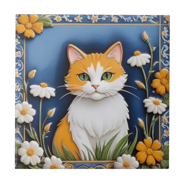 Azulejo Floral Cats - Ginger Cat Orange White Flowers Blue (Frente)