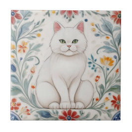 Azulejo Floral Cats - White Cat Colorful Folk Flowers