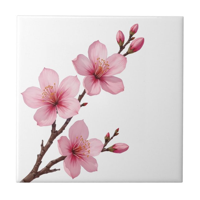Azulejo Floral Cerezo en flor (Sakura) Blanco rosado (Frente)