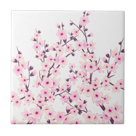 Azulejo Floral Cerezo en flor (Sakura) Blanco rosado