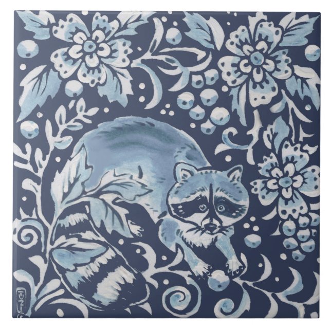 Azulejo Floral clásica azul blanco ornato Raccoon Forest F (Frente)