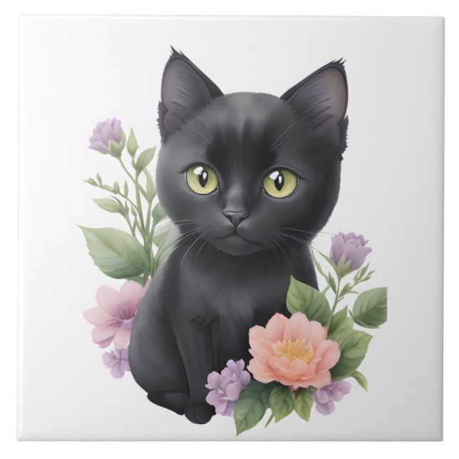Azulejo Floral cúrcuma de gato negro (Frente)